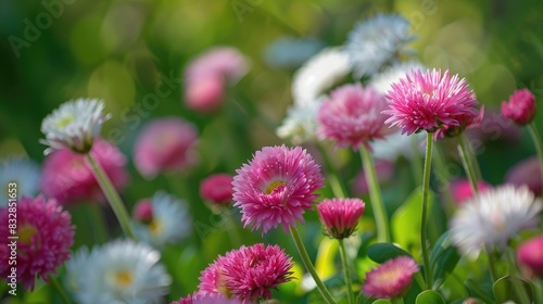 Capturing the pink and white blooming Bellis perennis in the park