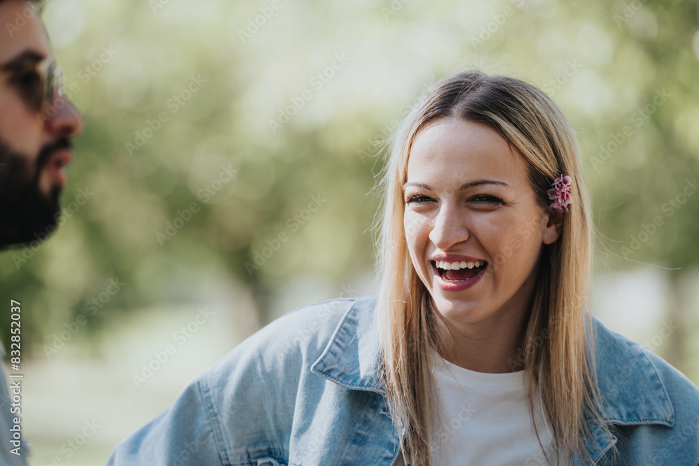 A candid moment captures a young woman laughing heartily next to a male friend in a sunlit park, embodying carefree joy and casual style. A candid moment captures a young woman laughing heartily next to a male friend in a sunlit park, embodying carefree joy and casual style.