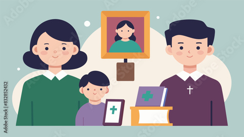 Two siblings in the church archives comparing family photos to records in hopes of finding a connection.. Vector illustration