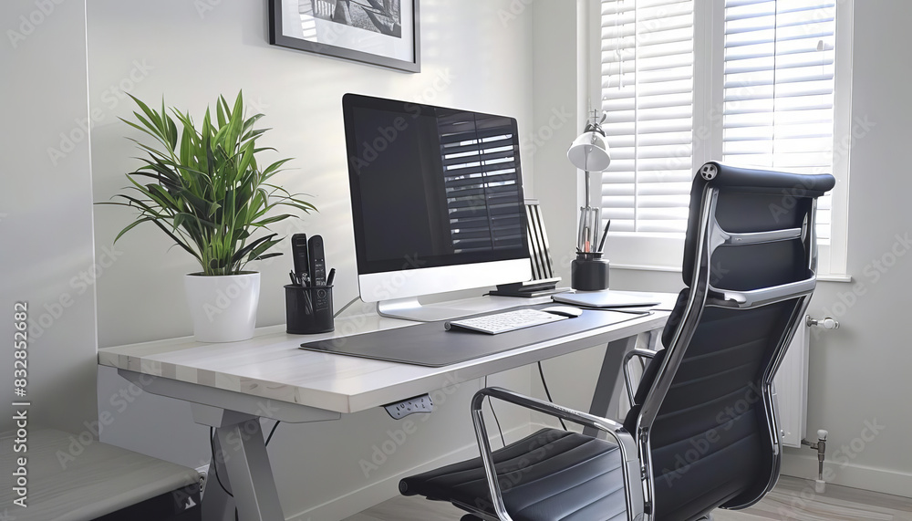 A minimalist workspace with a clean desk, a single monitor, ergonomic chair, and a few essential items neatly arranged, highlighting productivity and minimalist design principles
