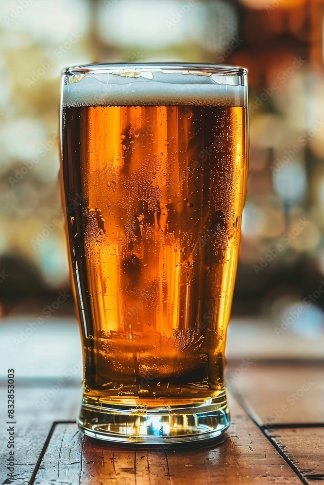 Beer glass on wooden bar table with blurred background, ideal for text placement Beer glass on wooden bar table with blurred background, ideal for text placement