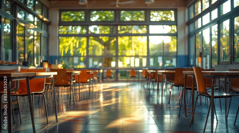the cafeteria is vacant, with tables and chairs perfectly arranged, reflecting a school lunch concept in its interior design the cafeteria is vacant, with tables and chairs perfectly arranged, reflecting a school lunch concept in its interior design