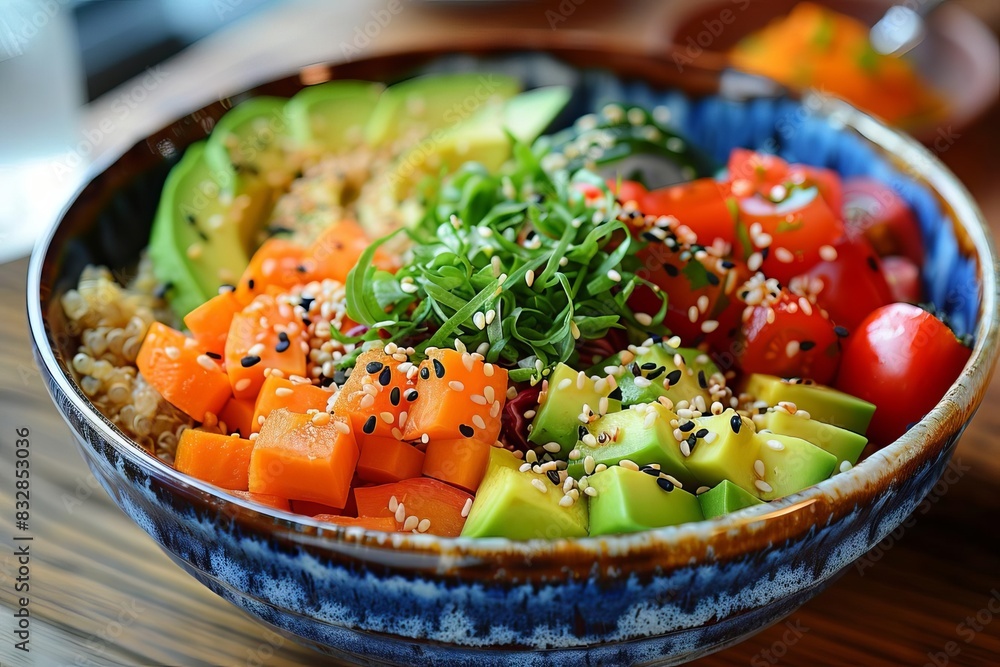 A vibrant vegan Buddha bowl filled with colorful vegetables, quinoa, avocado, and a sprinkle of sesame seeds, showcasing healthy and delicious plantbased eating A vibrant vegan Buddha bowl filled with colorful vegetables, quinoa, avocado, and a sprinkle of sesame seeds, showcasing healthy and delicious plantbased eating