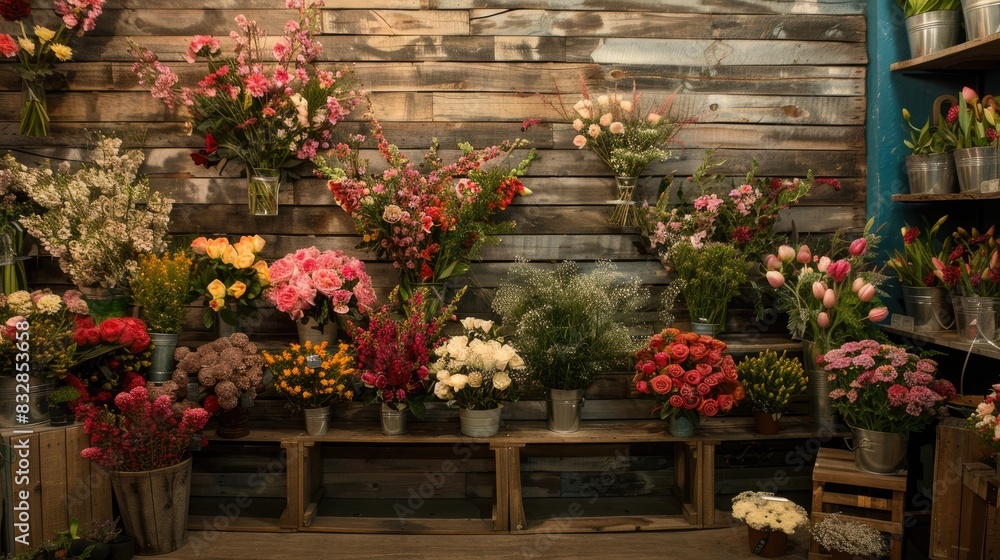 Beautiful arrangement of flowers displayed in a floral store against a wooden backdrop Beautiful arrangement of flowers displayed in a floral store against a wooden backdrop