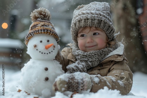 Cute child in winter clothing, playing in the snow with a snowman.
