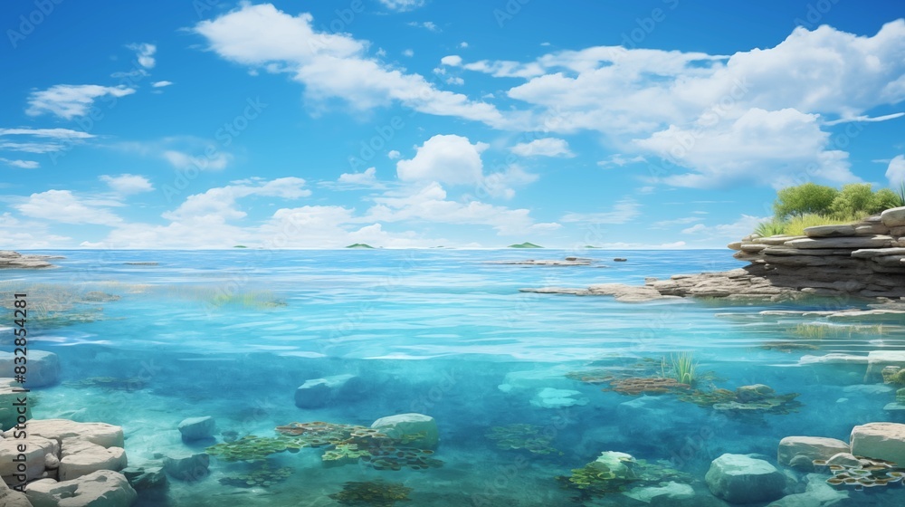 A Serene Coastal Scene with Tranquil Blue Waters and a Bright Sky A Serene Coastal Scene with Tranquil Blue Waters and a Bright Sky
