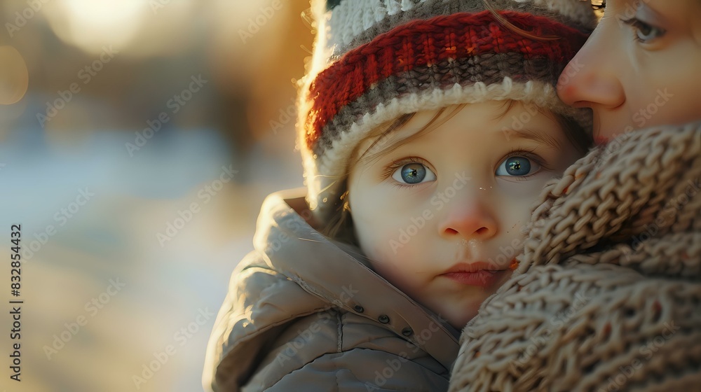 Close-up of a mother holding her child in a winter setting, both dressed warmly in cozy clothing. Perfect for family blogs, parenting content, and seasonal themes. Close-up of a mother holding her child in a winter setting, both dressed warmly in cozy clothing. Perfect for family blogs, parenting content, and seasonal themes.