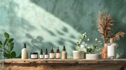 Display your products on top of a wooden table against a wall backdrop