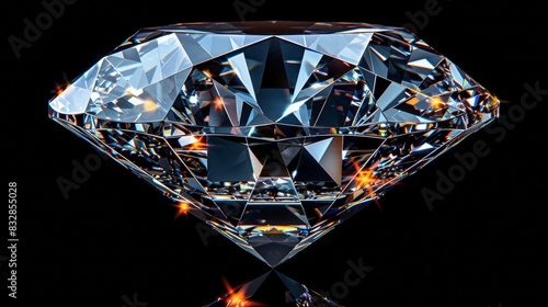 Intense close-up of a shiney diamond on a black background. Luxury brilliant on a dark table. Theme of a jewel, jewelry, gem, white gemstone, stone, fashion, and a white gemstone. photo