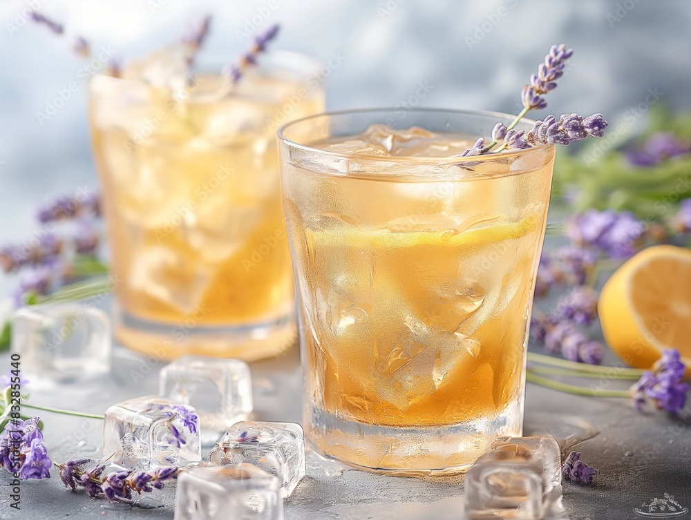 Two glasses of lemonade with ice cubes and lavender flowers on top. Scene is refreshing and relaxing Two glasses of lemonade with ice cubes and lavender flowers on top. Scene is refreshing and relaxing