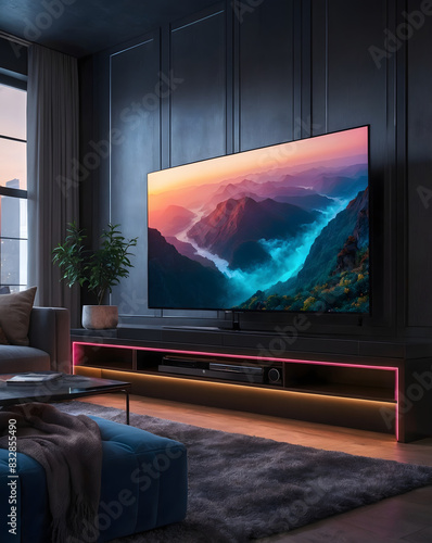 Smart tv in modern living room interior design with connected neon lights. 3d render. Generative ai.