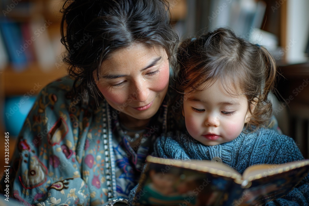 Mother reading a book to her child, creating a warm moment. Mother reading a book to her child, creating a warm moment.