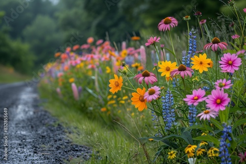 wildflower lane, a line of vibrant wildflowers blossoming by a country road showcasing the charm of countryside living through their natural beauty photo