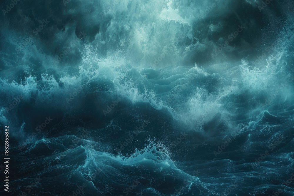 A painting depicting a large, expansive body of water with no visible land in sight. The oceans waves are captured in intricate detail A painting depicting a large, expansive body of water with no visible land in sight. The oceans waves are captured in intricate detail