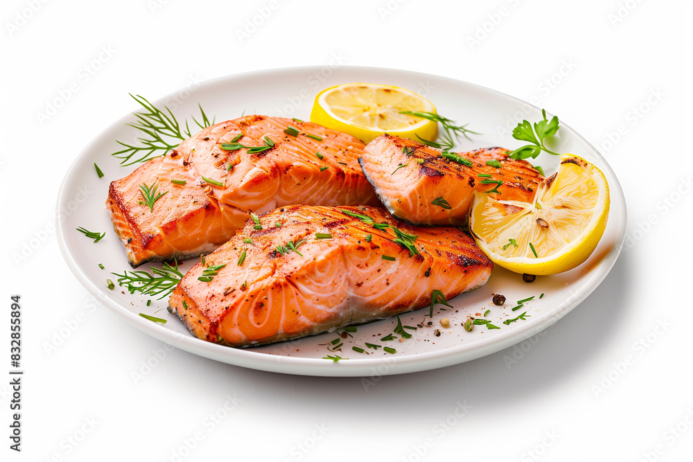 White Plate With Salmon and Lemon Wedge White Plate With Salmon and Lemon Wedge