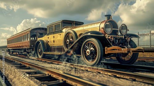 An old-fashioned car is parked on a set of train tracks, creating a nostalgic and unusual scene