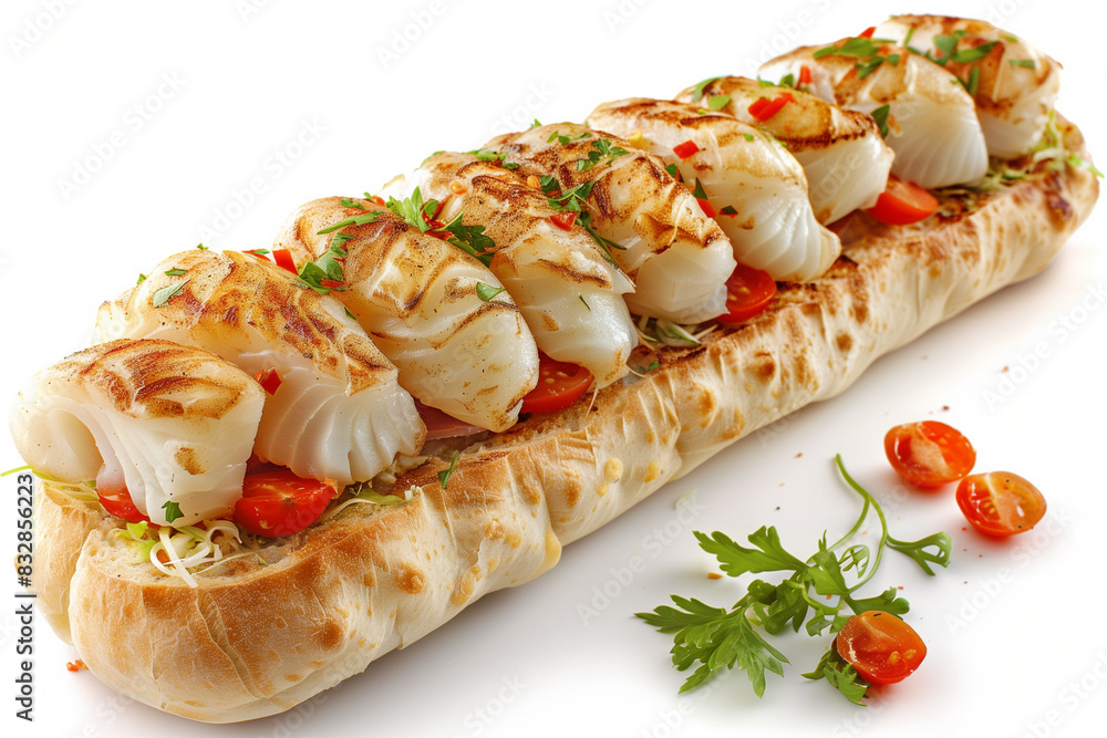 Delicious Grilled Fish Fillet Sandwich With Vegetables on White Background Delicious Grilled Fish Fillet Sandwich With Vegetables on White Background