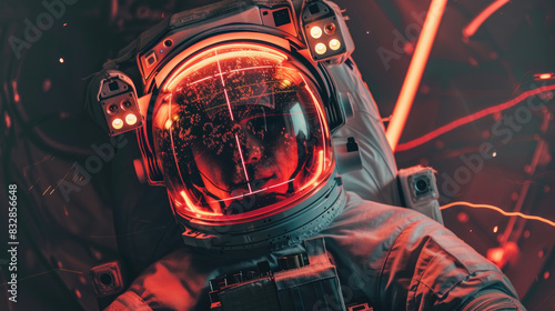 A man in a space suit standing with a red light glowing on his face