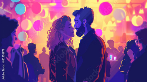 A couple embraces lovingly surrounded by vibrant lights and decorations at a lively night party, with other people socializing in the background