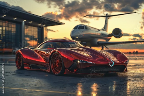 futuristic red sports car and private jet on airport landing strip luxury travel