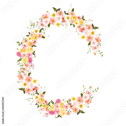 Watercolor hand draw wreath with summer garden flowerss and berries, strawberry, raspberry, currant and cherry, isolated on transparent background. photo