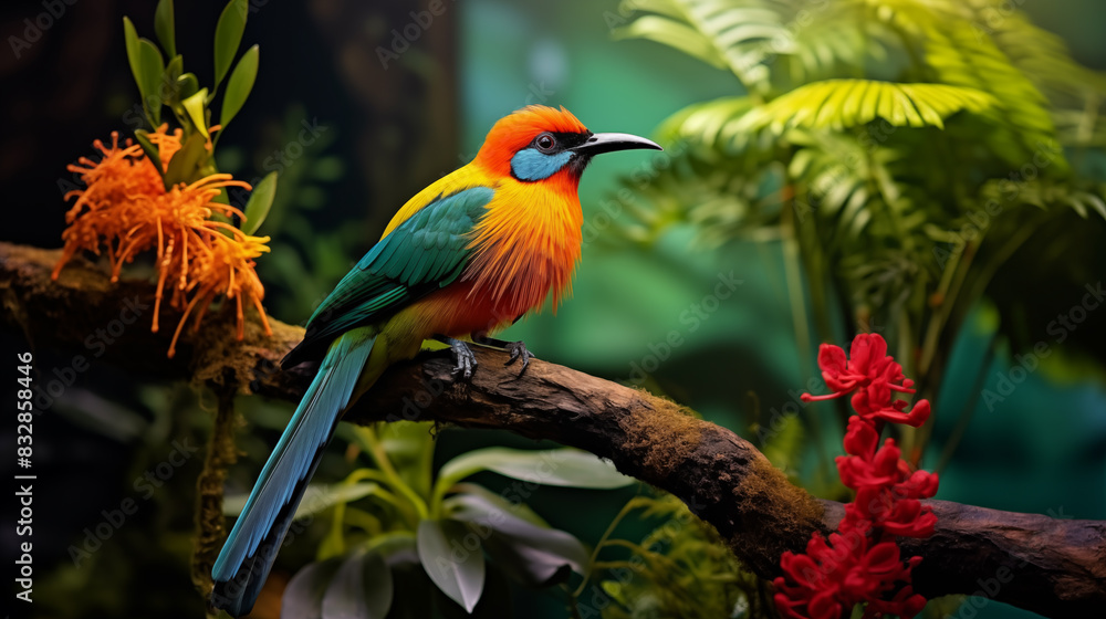 Fototapeta premium A colorful bird is perched on a branch in a lush green forest