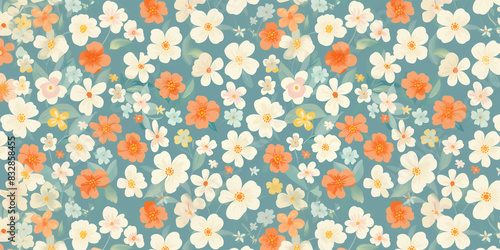 Colorful Floral Pattern with White and Orange Flowers on Teal Background