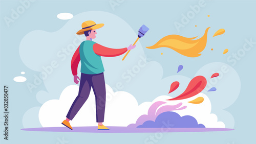Wisps of dust float through the air as an artist uses a small brush to gently blend in new paint with the original colors of the fresco.. Vector illustration