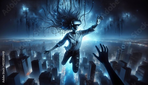 Virtual Reality Cityscape Adventure: Woman Floating in Digital Sky. woman with a VR headset floats above a nighttime cityscape, surrounded by a surreal digital environment.  photo