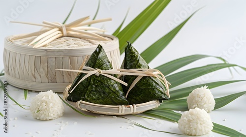 dragon boat festival dumplings in white background , chinese traditional food, chinese traditional festival ，duan wu festival，Glutinous rice ball, zongzi 