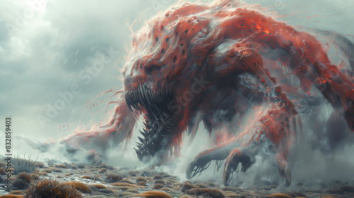 bestial demon stalking through a hellish landscape, surrounded by fire and smoke, apocalyptic scene