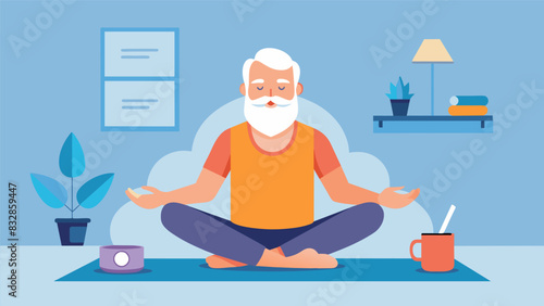 An older man virtually guided through a seated yoga routine specifically tailored for those with joint pain or arthritis.. Vector illustration