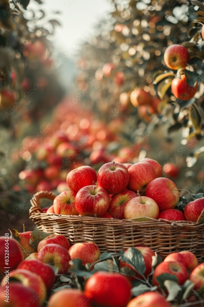 Scenic apple orchard in bloom, rows of rosy apples, colorful basket of varieties under leafy trees Scenic apple orchard in bloom, rows of rosy apples, colorful basket of varieties under leafy trees