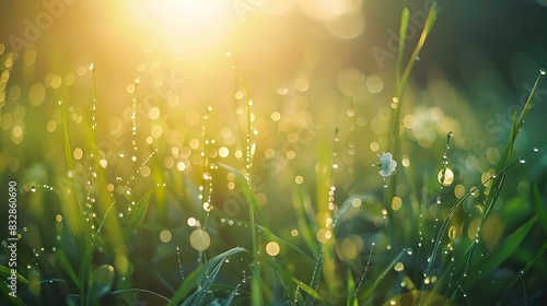 Many dew drops glow and sparkle in sun in morning fresh wet grass in nature. Beautiful bokeh circles.  © Ziyan