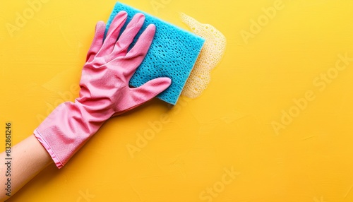 Colorful cleaning tools on yellow backdrop with ample space for personalized text or messaging