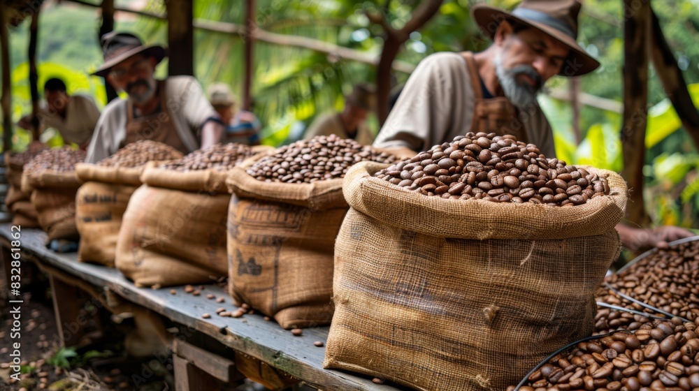 coffee production process, coffee beans being sorted and inspected in large burlap sacks at the plantation illustrate the production process coffee production process, coffee beans being sorted and inspected in large burlap sacks at the plantation illustrate the production process