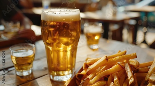 Beer on the table with crunchy fries
