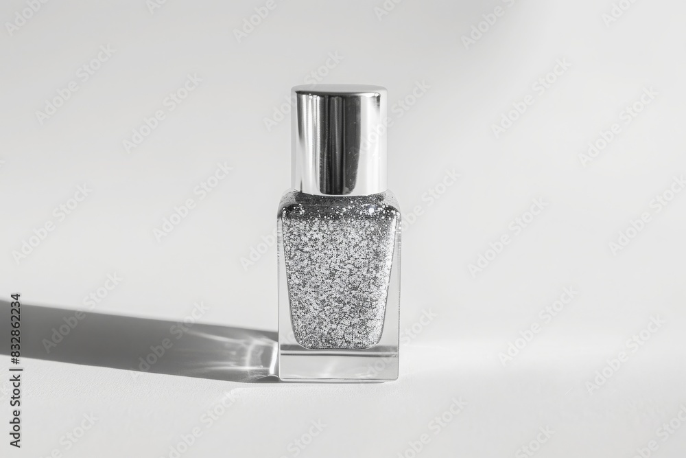 bottle of glittery silver nail polish on plain white background from Generative AI bottle of glittery silver nail polish on plain white background from Generative AI