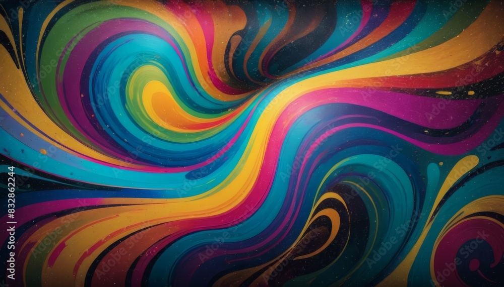 Fototapeta premium A vibrant abstract painting featuring swirling patterns of multiple colors against a dark background, representing motion and energy.. AI Generation
