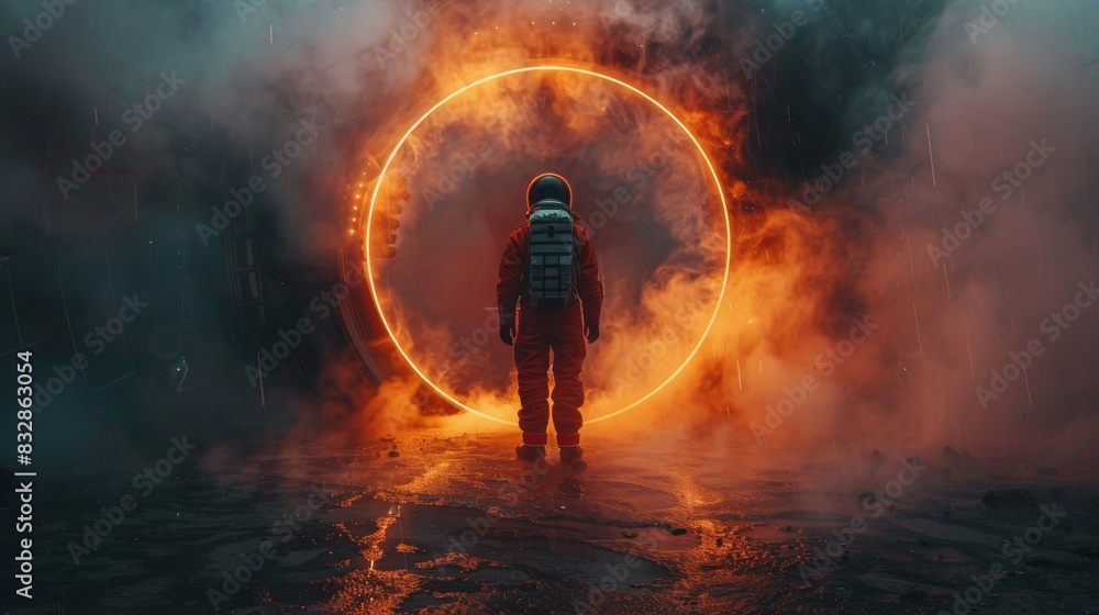 In a futuristic portal at night, a man standing on a dark background, in a spacesuit, appears from a glowing round door. Travel, science fiction, people, light, the future.