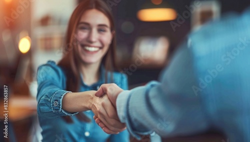 Happy businesswoman shaking hands with man during interview in office.