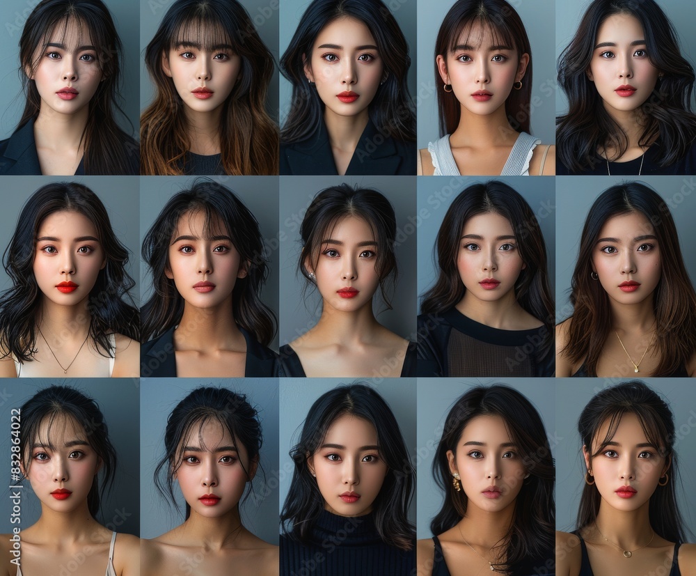 A collection of portraits featuring young, smiling women with diverse facial expressions, showcasing cultural diversity, various ethnicities, and different ages. A collection of portraits featuring young, smiling women with diverse facial expressions, showcasing cultural diversity, various ethnicities, and different ages.