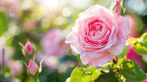 Close up of a pink rose in a summer garden a stunning floral backdrop symbolizing love tenderness and Valentine s Day celebrations