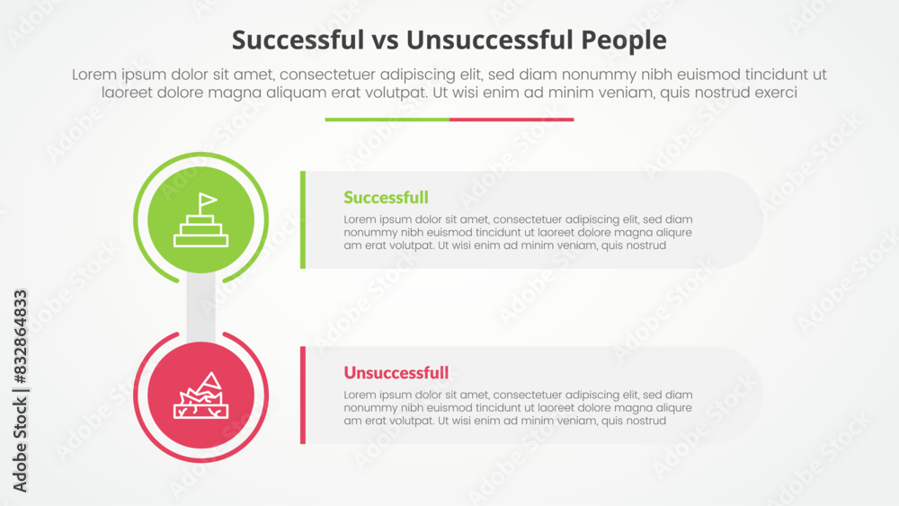 successful vs unsuccessful comparison opposite infographic concept for slide presentation with big circle and rectangle box stack with flat style