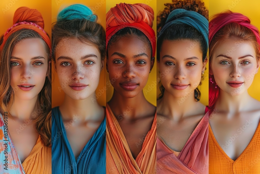 A collection of portraits featuring young, smiling women with diverse facial expressions, showcasing cultural diversity, various ethnicities, and different ages. A collection of portraits featuring young, smiling women with diverse facial expressions, showcasing cultural diversity, various ethnicities, and different ages.