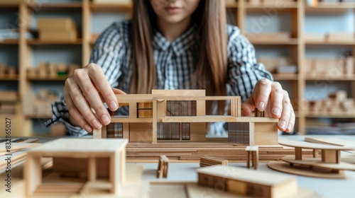 Woman presenting modern house model, symbolizing dreams of homeownership and real estate investment photo