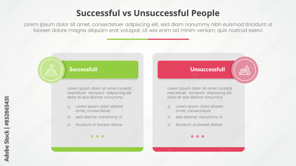 successful vs unsuccessful comparison opposite infographic concept for slide presentation with big box table and circle badge header with flat style successful vs unsuccessful comparison opposite infographic concept for slide presentation with big box table and circle badge header with flat style