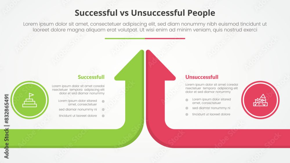successful vs unsuccessful comparison opposite infographic concept for slide presentation with long arrow bar top direction long arrow bar top direction with flat style successful vs unsuccessful comparison opposite infographic concept for slide presentation with long arrow bar top direction long arrow bar top direction with flat style