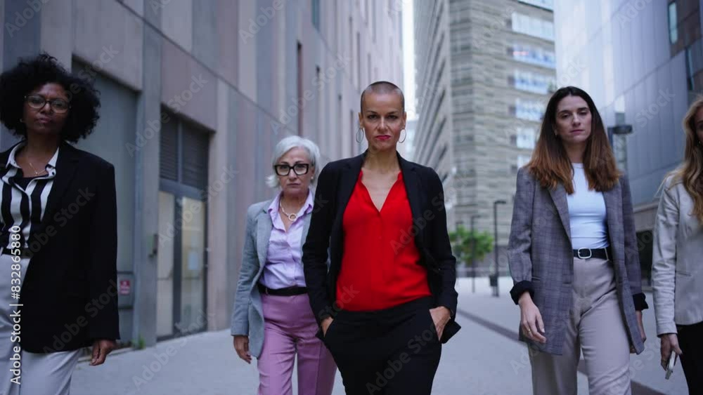Team of empowered and confident business only women in formal wear walking towards camera avidly. Serious and proud leader adult professional female colleagues looking at camera near office building Team of empowered and confident business only women in formal wear walking towards camera avidly. Serious and proud leader adult professional female colleagues looking at camera near office building