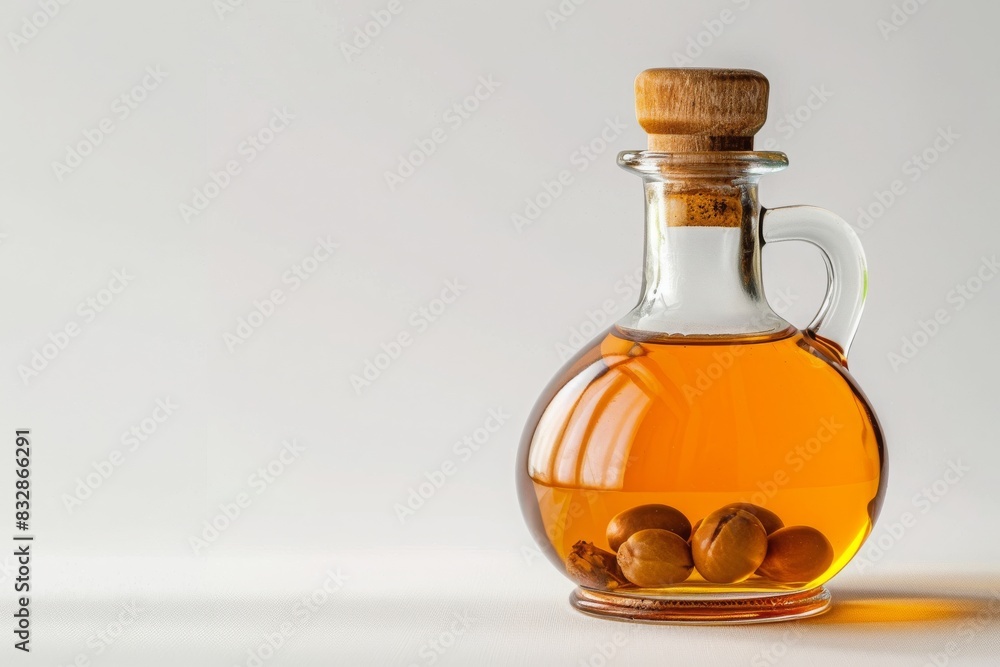 bottle of argan oil with argan on plain white background from Generative AI bottle of argan oil with argan on plain white background from Generative AI